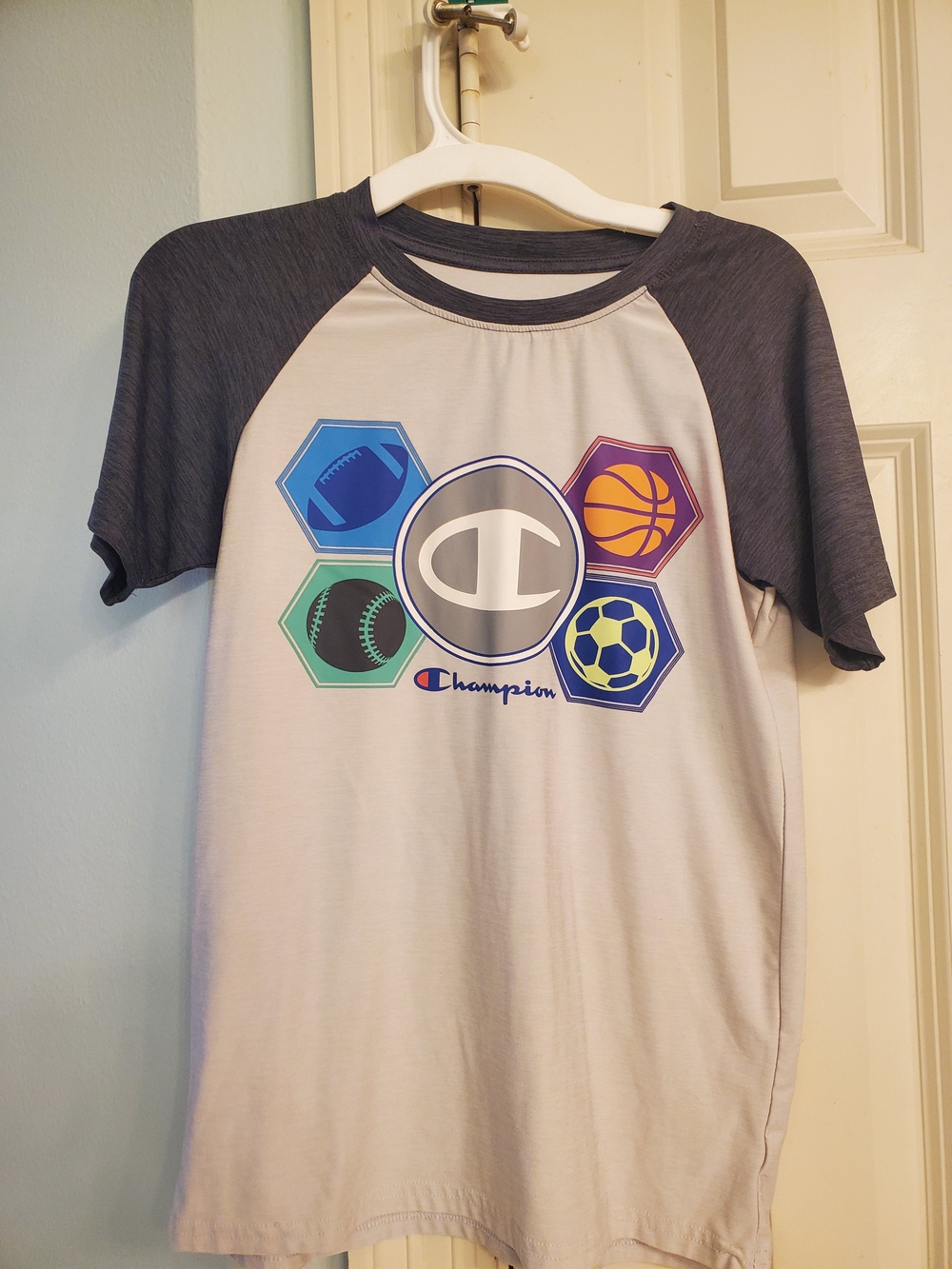 Champion Tee with Charcoal Sleeves and Sports Graphic